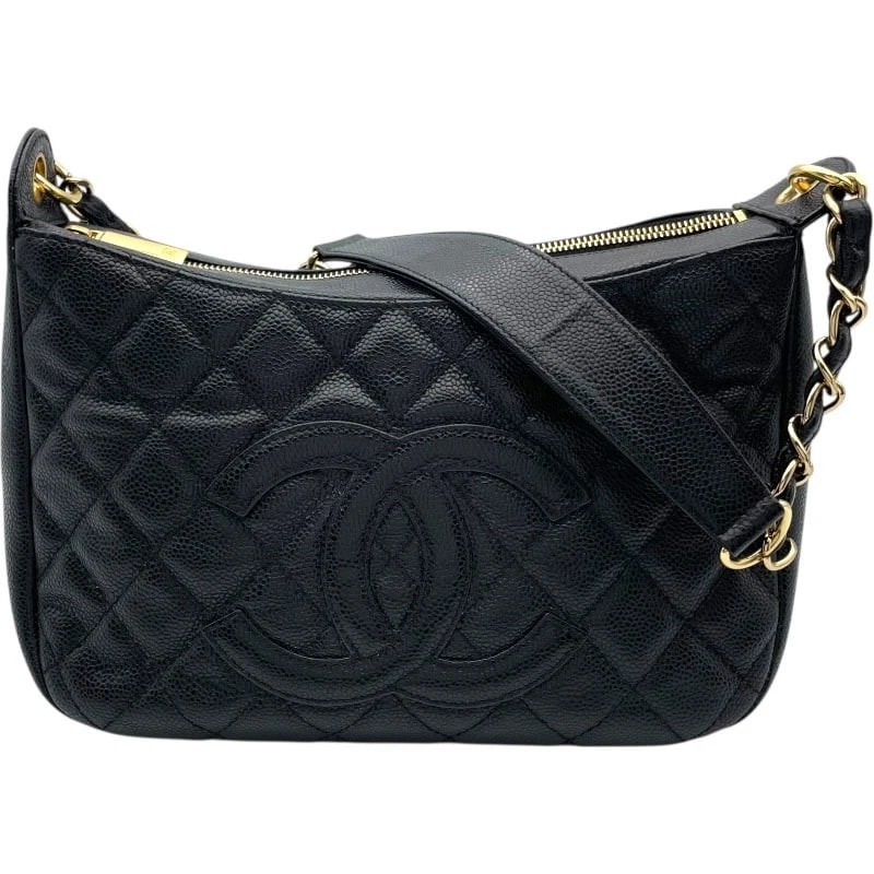 CHANEL MATRASSE ONE BELT SHOULDER BAG: CHANEL Matrasse one belt Shoulder Bag Brand: CHANEL Type: Shoulder Bag Material: Caviar skin Color: Black Gold Hardware Size: W10.2 x H6.3x D3.5inch Shoulder:19.7inch Accessories: None Acc