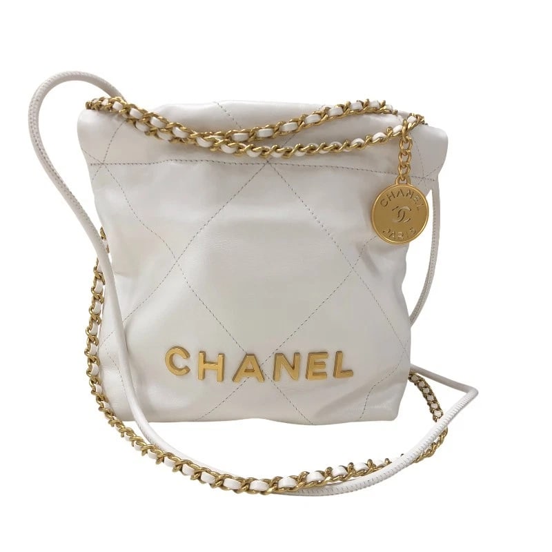 CHANEL22 MINI BAG SHOULDER BAG: CHANEL22 Mini Bag Shoulder Bag Brand: CHANEL Type: Shoulder Bag Material: shiny calf Color: White Gold Hardware Size: W7.9 x H7.5x D2.4inch Shoulder:47.2inch Accessories: None Accessories
