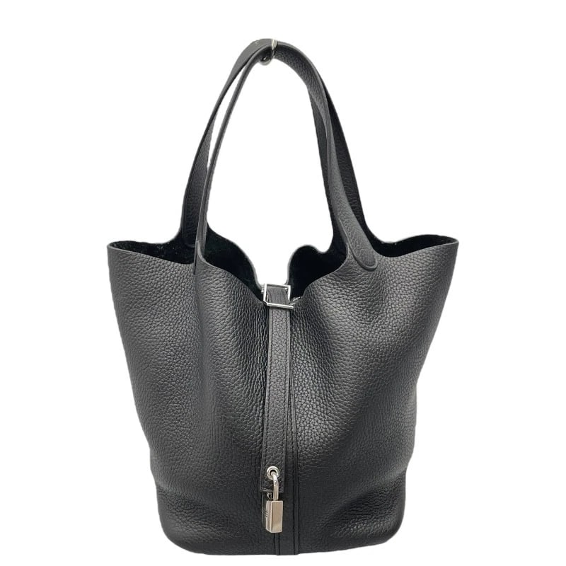 HERMES PICO TAN LOCK MM HANDBAG: HERMES Pico Tan Lock MM Handbag Brand: HERMES Type: Handbag Material: Taurillon Clemence Color: Black SilverHardware Size: W8.7 x H8.3x D7.1inch Accessories: None Accessories Notice: When