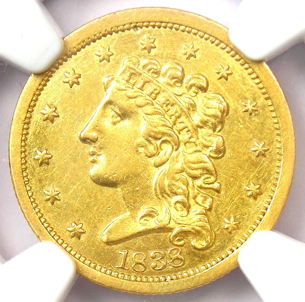 1838 CLASSIC GOLD QUARTER EAGLE $2.50 COIN: 1838 Classic Gold Quarter Eagle $2.50 Coin Composition: Gold Year: 1838 Denomination: $2.50 Fineness: 0.9 Country of Origin: United States Accessories: None Accessories Notice: When purcha