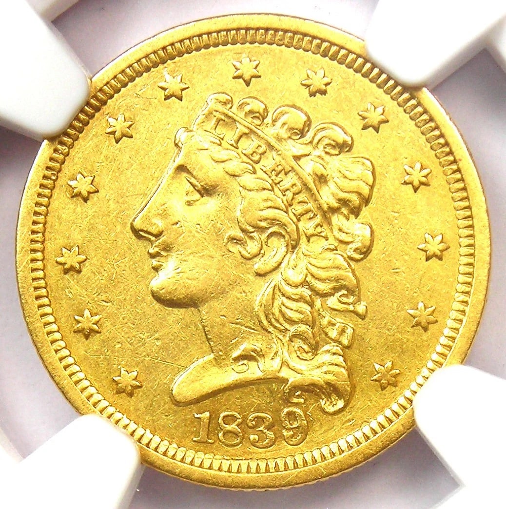 1839 CLASSIC GOLD QUARTER EAGLE $2.50 COIN: 1839 Classic Gold Quarter Eagle $2.50 Coin Composition: Gold Year: 1839 Denomination: $2.50 Fineness: 0.9 Country of Origin: United States Accessories: None Accessories Notice: When purcha