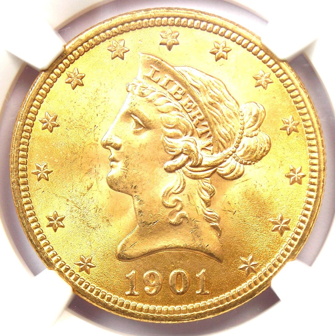 1901 LIBERTY GOLD EAGLE $10 COIN: 1901 Liberty Gold Eagle $10 Coin Composition: Gold Year: 1901 Denomination: $10 Fineness: 0.9 Country of Origin: United States Accessories: None Accessories Notice: When purchasing pre-own