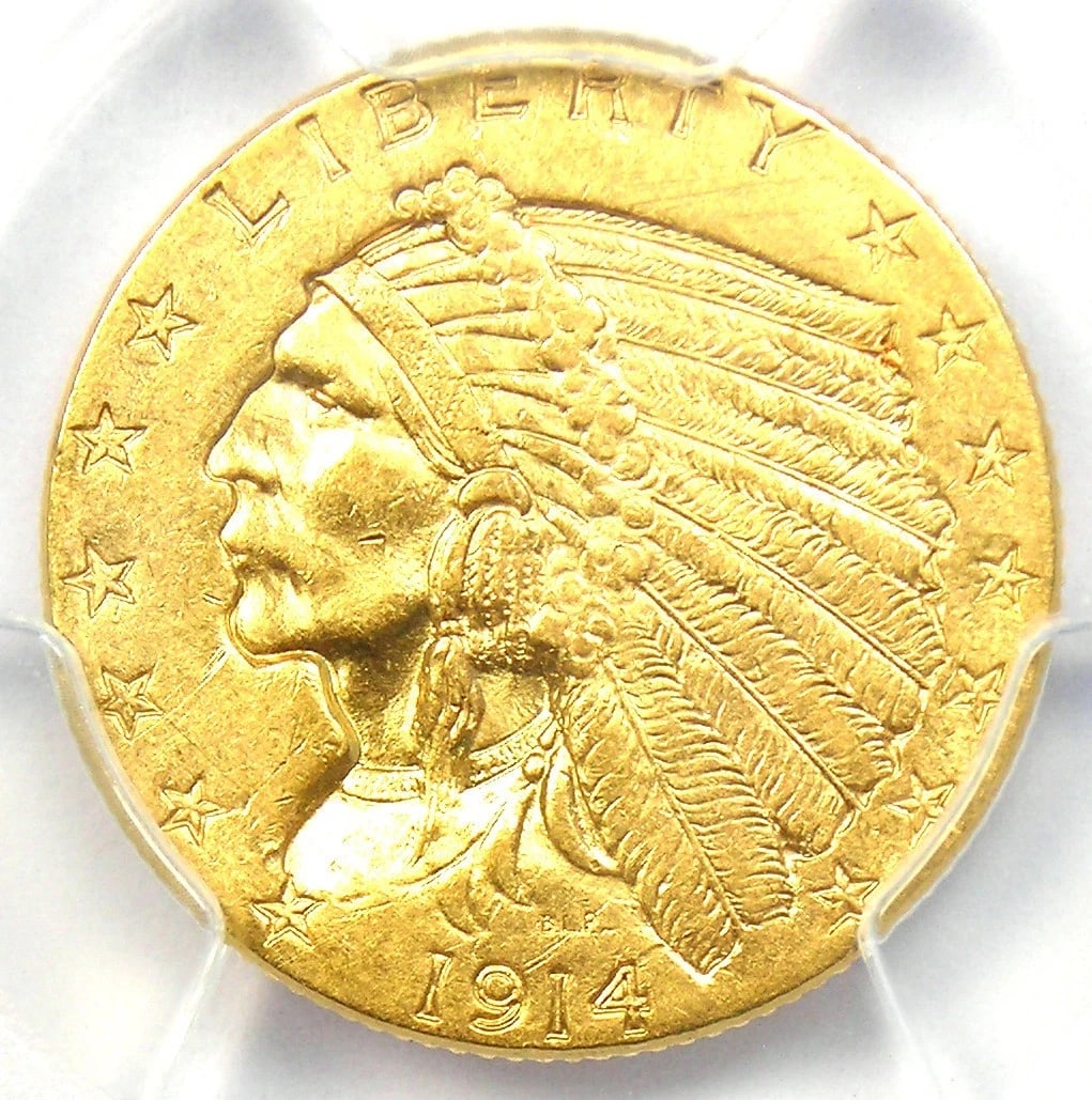 1914 INDIAN GOLD QUARTER EAGLE $2.50 COIN: 1914 Indian Gold Quarter Eagle $2.50 Coin Composition: Gold Year: 1914 Denomination: $2.50 Fineness: 0.9 Country of Origin: United States Accessories: None Accessories Notice: When purchas
