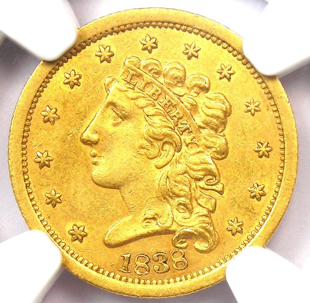 1838 CLASSIC GOLD QUARTER EAGLE $2.50 COIN: 1838 Classic Gold Quarter Eagle $2.50 Coin Composition: Gold Year: 1838 Denomination: $2.50 Fineness: 0.9 Country of Origin: United States Accessories: None Accessories Notice: When purcha