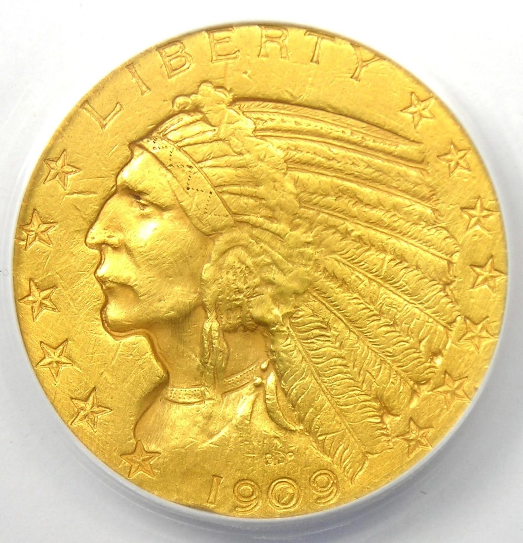 1909-O INDIAN GOLD HALF EAGLE $5 GOLD COIN: 1909-O Indian Gold Half Eagle $5 Gold Coin Composition: Gold Year: 1909 Denomination: $5 Fineness: 0.9 Country of Origin: United States Accessories: None Accessories Notice: When purchasin