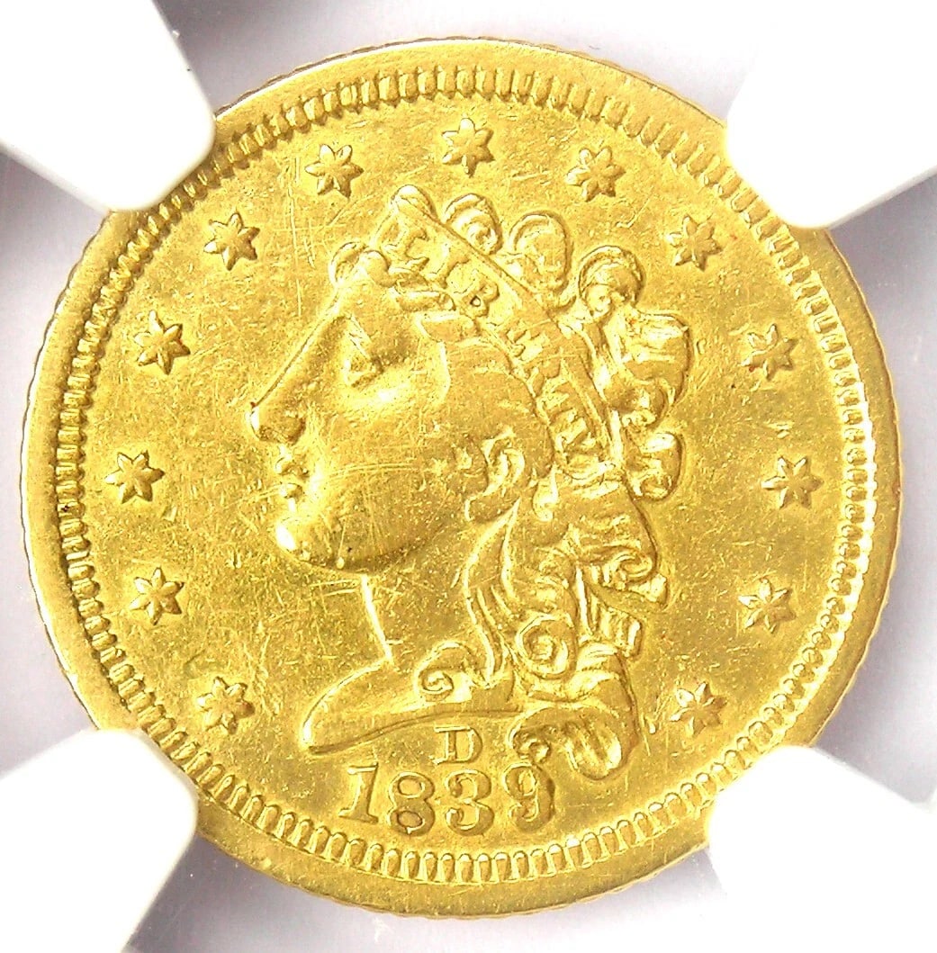 1839/8-D CLASSIC GOLD QUARTER EAGLE $2.50 - RARE DAHLONEGA COIN: 1839/8-D Classic Gold Quarter Eagle $2.50 - Rare Dahlonega Coin Composition: Gold Year: 1839 Denomination: $2.50 Fineness: None Country of Origin: None Accessories: None Accessories Notice