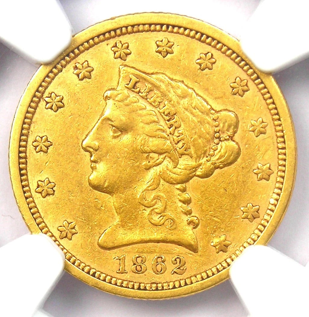 1862 LIBERTY GOLD QUARTER EAGLE $2.50 CIVIL WAR DATE COIN: 1862 Liberty Gold Quarter Eagle $2.50 Civil War Date Coin Composition: Gold Year: 1862 Denomination: $2.50 Fineness: 0.9 Country of Origin: United States Accessories: None Accessories Noti