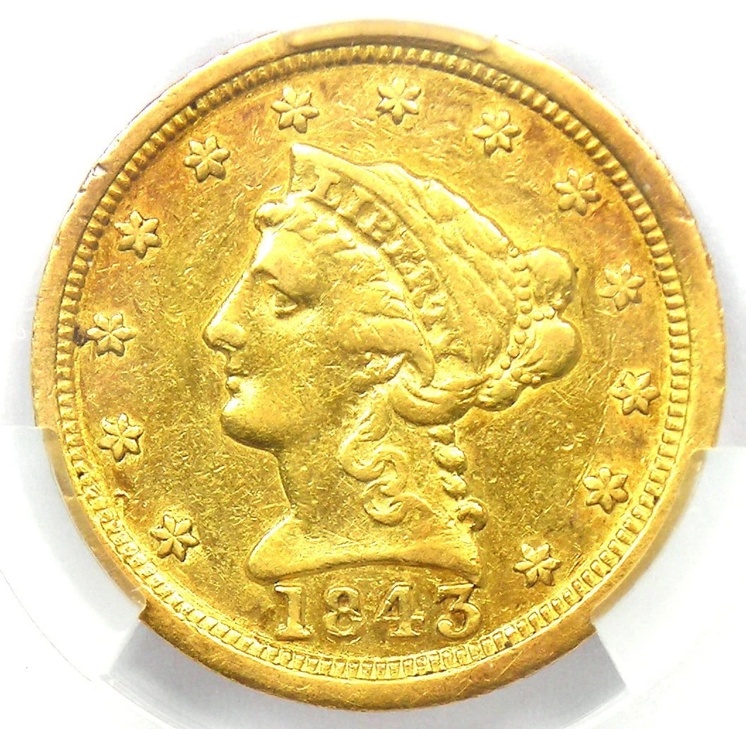 1843-C LIBERTY GOLD QUARTER EAGLE $2.50 CHARLOTTE COIN: 1843-C Liberty Gold Quarter Eagle $2.50 Charlotte Coin Composition: Gold Year: 1843 Denomination: $2.50 Fineness: 0.9 Country of Origin: United States Accessories: None Accessories Notice: