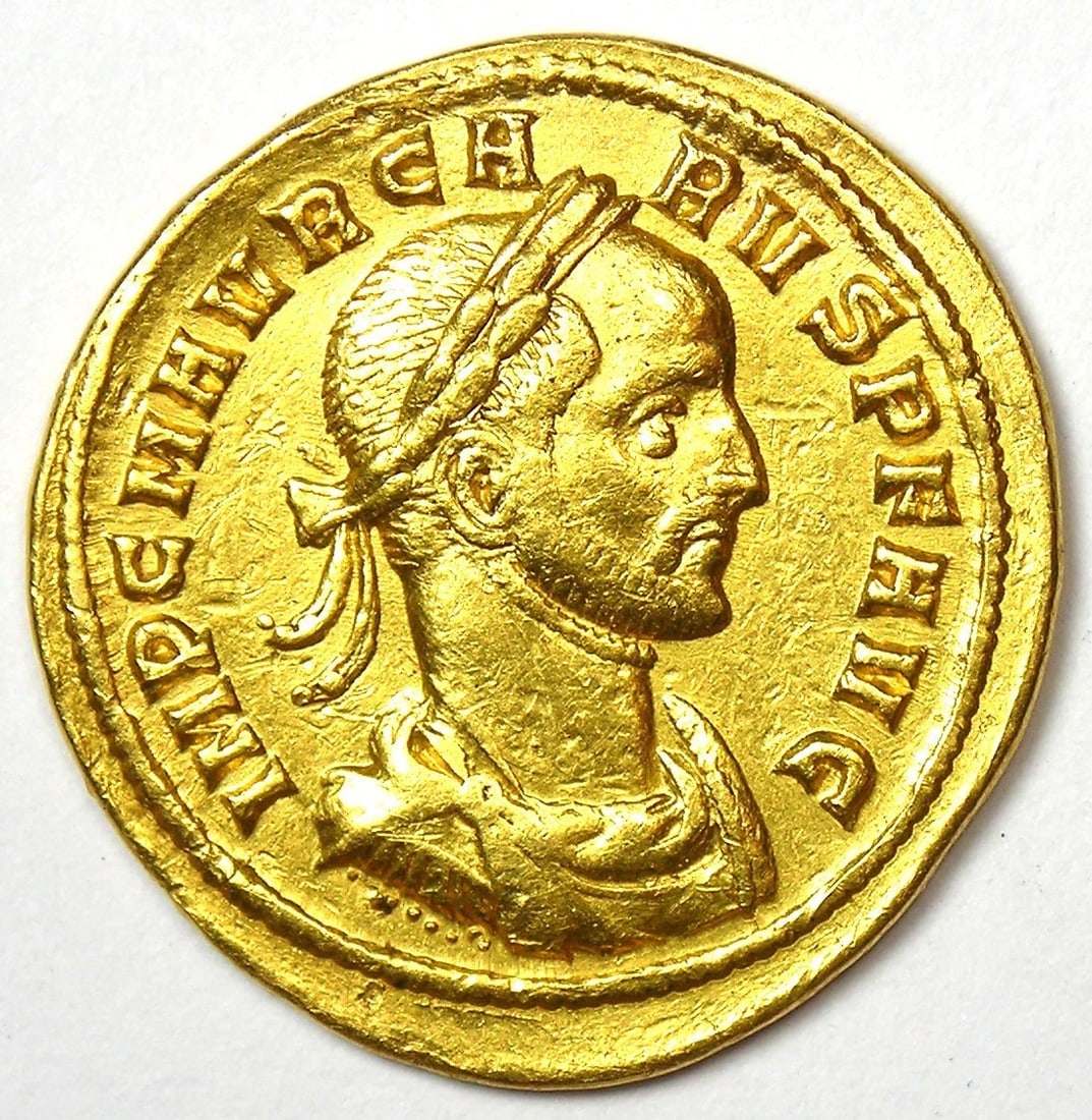 CARUS AV AUREUS GOLD ROMAN COIN 282-283 AD: Carus AV Aureus Gold Roman Coin 282-283 AD Composition: Gold Year: 282 AD Denomination: Aureus Fineness: None Country of Origin: None Accessories: None Accessories Notice: When purchasing