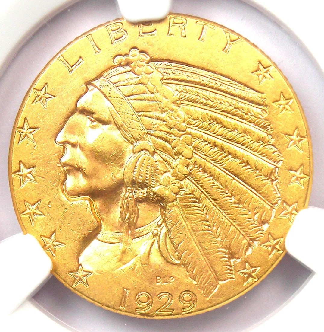 1929 INDIAN GOLD HALF EAGLE $5 COIN: 1929 Indian Gold Half Eagle $5 Coin Composition: Gold Year: 1929 Denomination: $5 Fineness: None Country of Origin: None Accessories: None Accessories Notice: When purchasing pre-owned goo