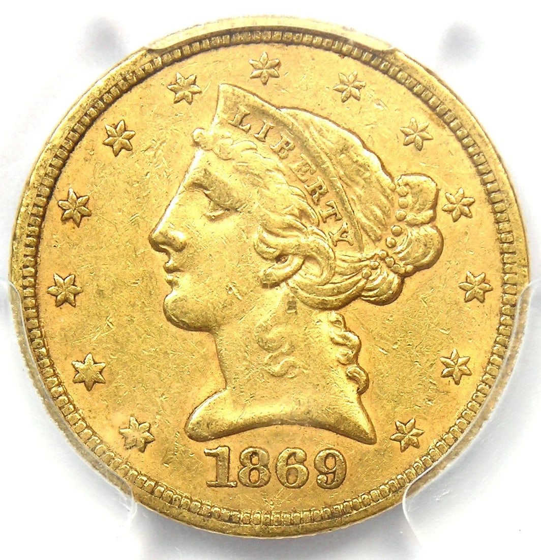 1869-S LIBERTY GOLD HALF EAGLE $5 COIN: 1869-S Liberty Gold Half Eagle $5 Coin Composition: Gold Year: 1869 Denomination: $5 Fineness: 0.9 Country of Origin: United States Accessories: None Accessories Notice: When purchasing pr