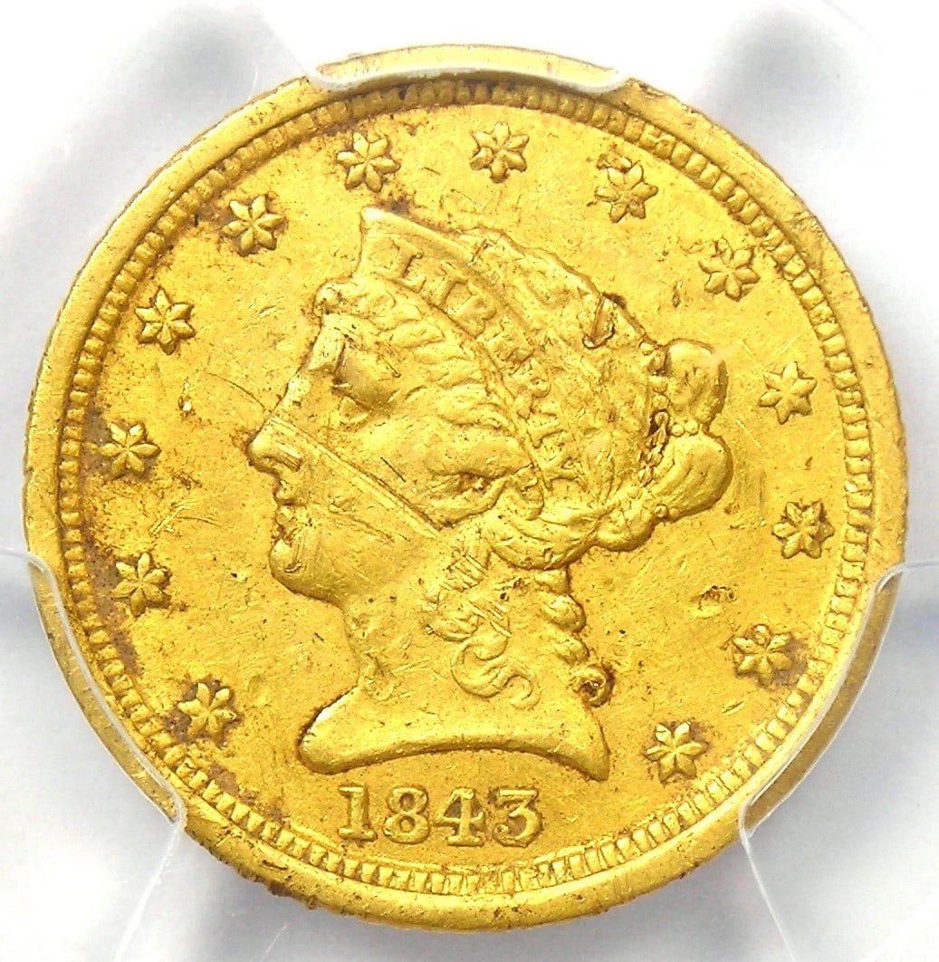 1843-D LIBERTY GOLD QUARTER EAGLE $2.50 - RARE DAHLONEGA COIN: 1843-D Liberty Gold Quarter Eagle $2.50 - Rare Dahlonega Coin Composition: Gold Year: 1843 Denomination: $2.50 Fineness: 0.9 Country of Origin: United States Accessories: None Accessories