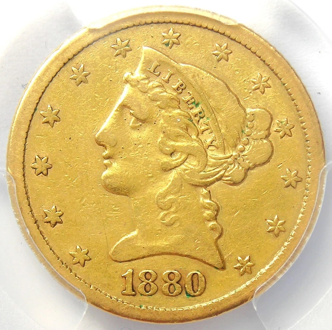 1880-CC LIBERTY GOLD HALF EAGLE $5 COIN - RARE CARSON GOLD COIN: 1880-CC Liberty Gold Half Eagle $5 Coin - Rare Carson Gold Coin Composition: Gold Year: 1880 Denomination: $5 Fineness: None Country of Origin: United States Accessories: None Accessories