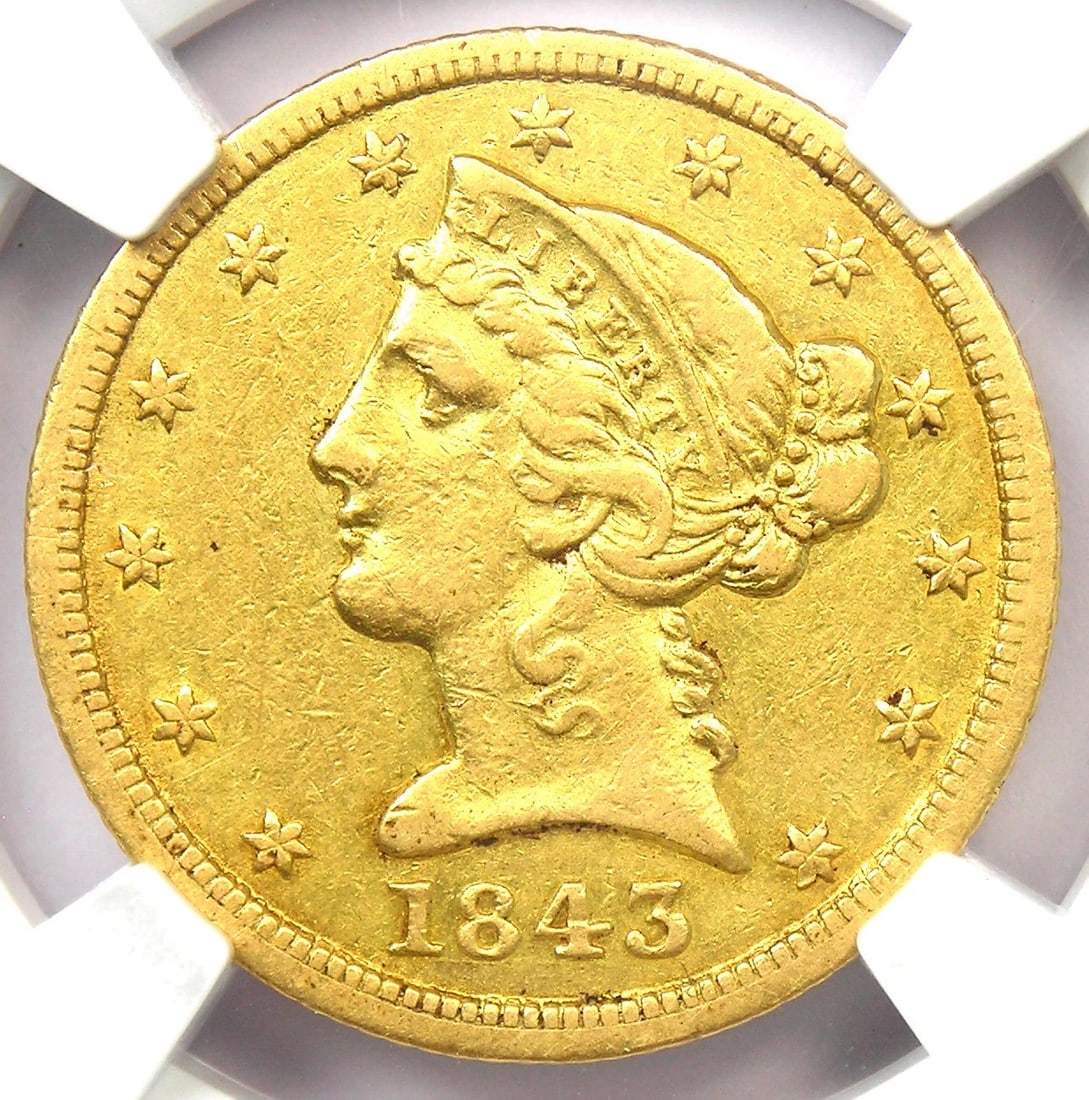 1843-D LIBERTY GOLD HALF EAGLE $5 - RARE DAHLONEGA GOLD COIN: 1843-D Liberty Gold Half Eagle $5 - Rare Dahlonega Gold Coin Composition: Gold Year: 1843 Denomination: $5 Fineness: 0.9 Country of Origin: United States Accessories: None Accessories Noti