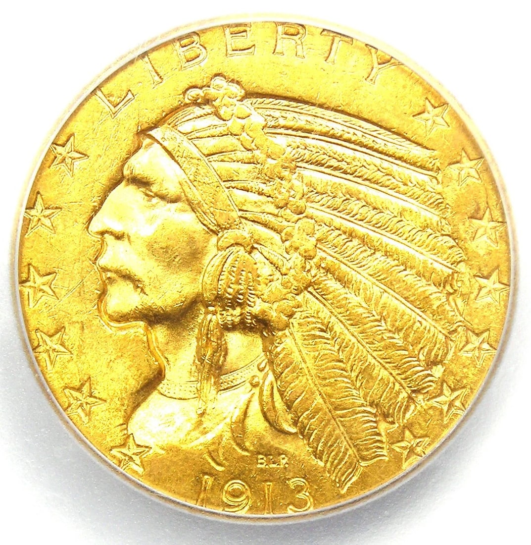 1913 INDIAN GOLD HALF EAGLE $5 COIN: 1913 Indian Gold Half Eagle $5 Coin Composition: Gold Year: 1913 Denomination: $5 Fineness: None Country of Origin: None Accessories: None Accessories Notice: When purchasing pre-owned goo