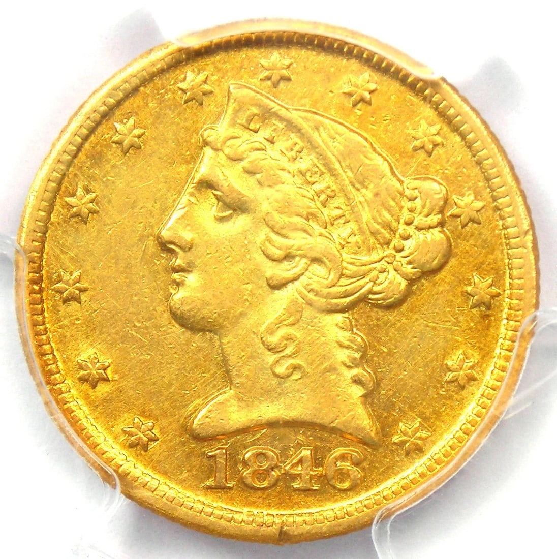 1846-D LIBERTY GOLD HALF EAGLE $5 - RARE DAHLONEGA GOLD COIN: 1846-D Liberty Gold Half Eagle $5 - Rare Dahlonega Gold Coin Composition: Gold Year: 1846 Denomination: $5 Fineness: 0.9 Country of Origin: United States Accessories: None Accessories Noti