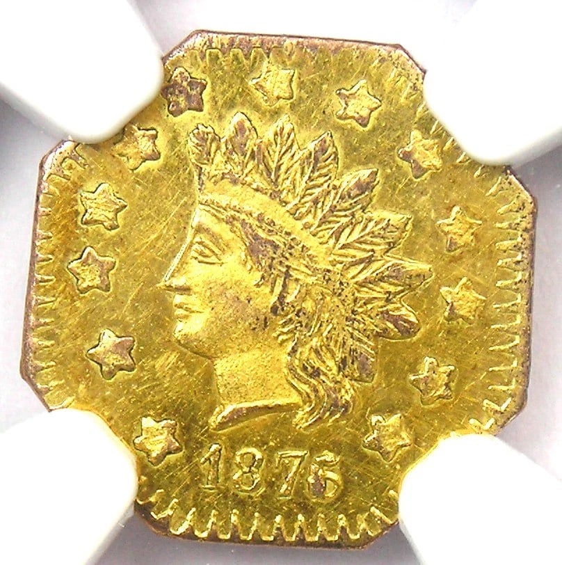 1876/5 INDIAN CALIFORNIA GOLD DOLLAR $1 COIN: 1876/5 Indian California Gold Dollar $1 Coin Composition: Gold Year: 1876 Denomination: $1 Fineness: None Country of Origin: United States Accessories: None Accessories Notice: When purcha