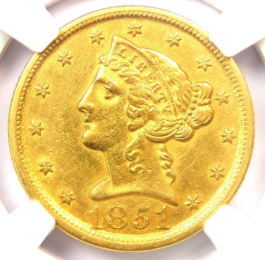 1851-D LIBERTY GOLD HALF EAGLE $5: 1851-D Liberty Gold Half Eagle $5 Composition: Gold Year: 1851 Denomination: $5 Fineness: 0.9 Country of Origin: United States Accessories: None Accessories Notice: When purchasing pre-own