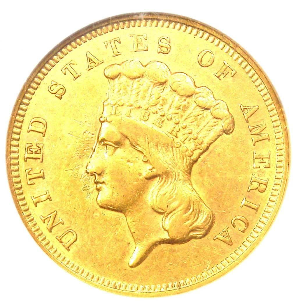 1857-S THREE DOLLAR INDIAN GOLD COIN $3: 1857-S Three Dollar Indian Gold Coin $3 Composition: Gold Year: 1857 Denomination: $3 Fineness: 0.9 Country of Origin: United States Accessories: None Accessories Notice: When purchasing p