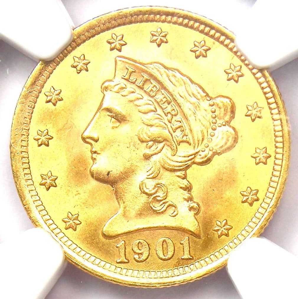 1901 LIBERTY GOLD QUARTER EAGLE $2.50 COIN: 1901 Liberty Gold Quarter Eagle $2.50 Coin Composition: Gold Year: 1901 Denomination: $2.50 Fineness: 0.9 Country of Origin: United States Accessories: None Accessories Notice: When purcha