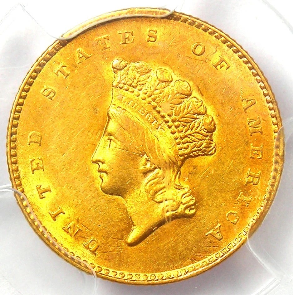 1855 TYPE 2 INDIAN GOLD DOLLAR (G$1 COIN): 1855 Type 2 Indian Gold Dollar (G$1 Coin) Composition: Gold Year: 1855 Denomination: $1 Fineness: 0.9 Country of Origin: United States Accessories: None Accessories Notice: When purchasing