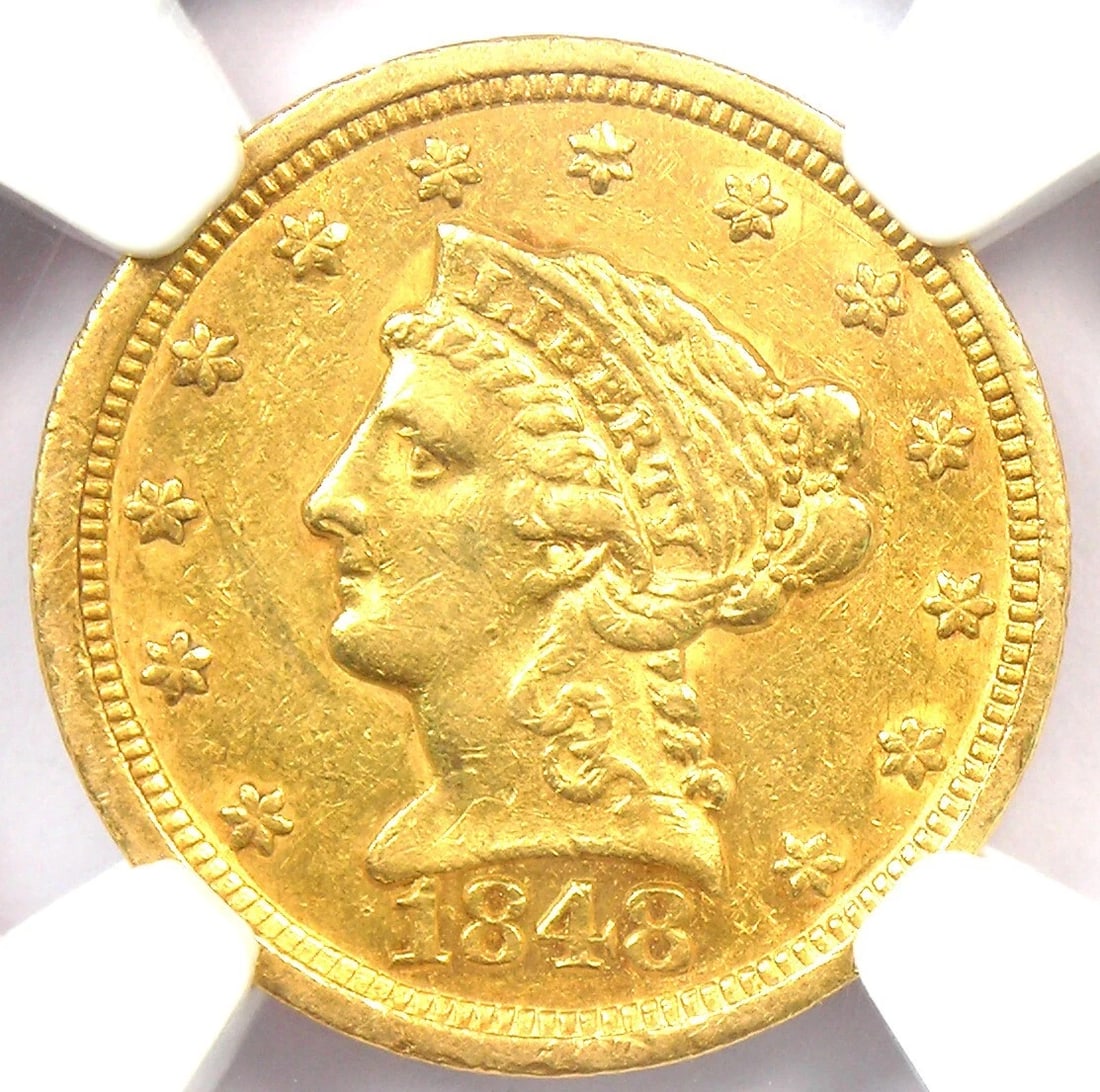 1848 LIBERTY GOLD QUARTER EAGLE $2.50 COIN: 1848 Liberty Gold Quarter Eagle $2.50 Coin Composition: Gold Year: 1848 Denomination: $2.50 Fineness: None Country of Origin: United States Accessories: None Accessories Notice: When purch