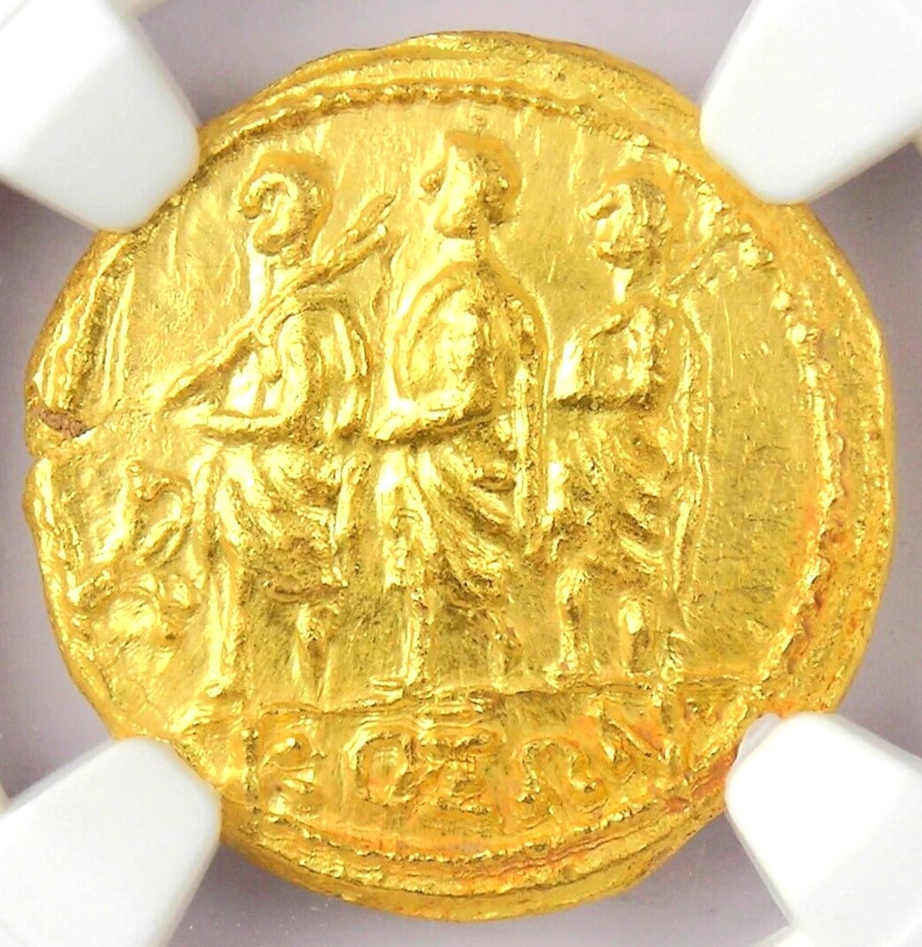 BRUTUS COSON GOLD AV STATER ROMAN COIN: Brutus Coson Gold AV Stater Roman Coin Composition: Gold Year: 54 BC Denomination: Stater Fineness: None Country of Origin: None Accessories: None Accessories Notice: When purchasing pre-o