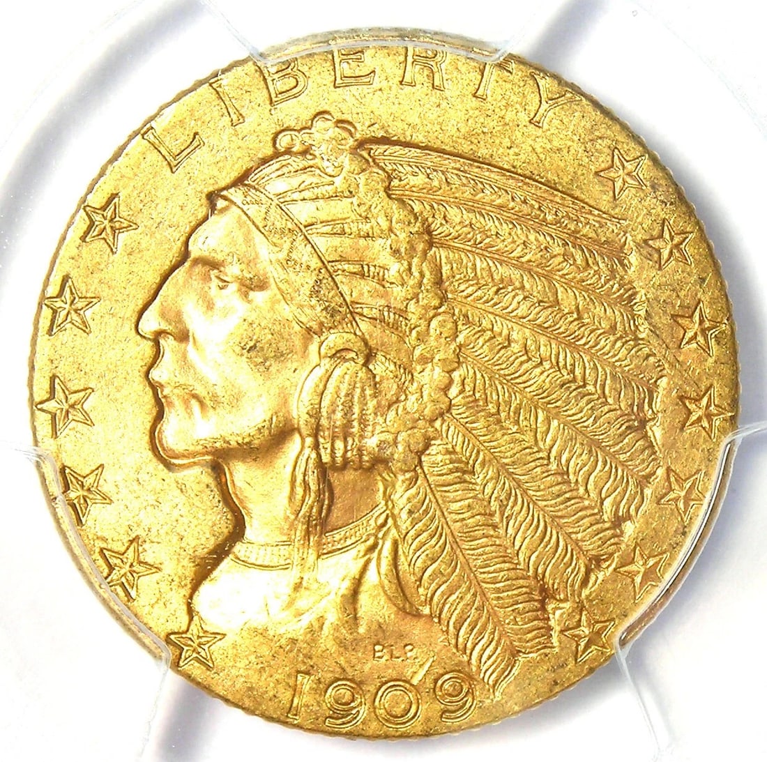 1909-P INDIAN GOLD HALF EAGLE $5 1909 COIN: 1909-P Indian Gold Half Eagle $5 1909 Coin Composition: Gold Year: 1909 Denomination: $5 Fineness: None Country of Origin: United States Accessories: None Accessories Notice: When purchasi