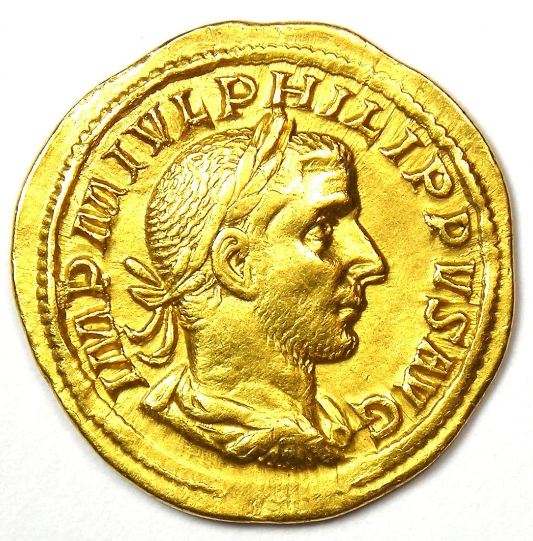 PHILIP I AV AUREUS GOLD ROMAN COIN: Philip I AV Aureus Gold Roman Coin Composition: Gold Year: 249 AD Denomination: Aureus Fineness: None Country of Origin: None Accessories: None Accessories Notice: When purchasing pre-owne