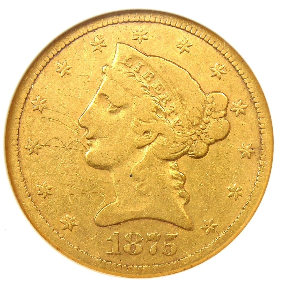 1875-CC LIBERTY GOLD HALF EAGLE $5 CARSON CITY COIN: 1875-CC Liberty Gold Half Eagle $5 Carson City Coin Composition: Gold Year: 1875 Denomination: $5 Fineness: 0.9 Country of Origin: United States Accessories: None Accessories Notice: When