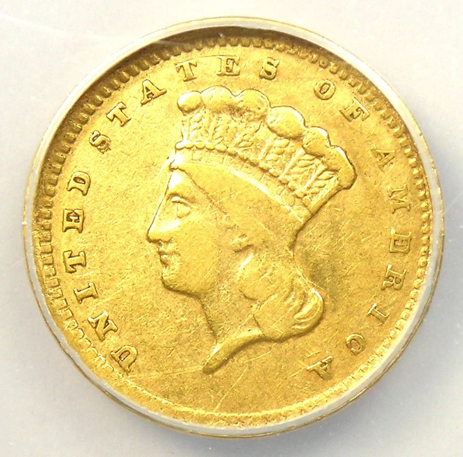 1857-C INDIAN GOLD DOLLAR G$1. RARE CHARLOTTE COIN: 1857-C Indian Gold Dollar G$1. Rare Charlotte Coin Composition: Gold Year: 1857 Denomination: $1 Fineness: 0.9 Country of Origin: United States Accessories: None Accessories Notice: When p