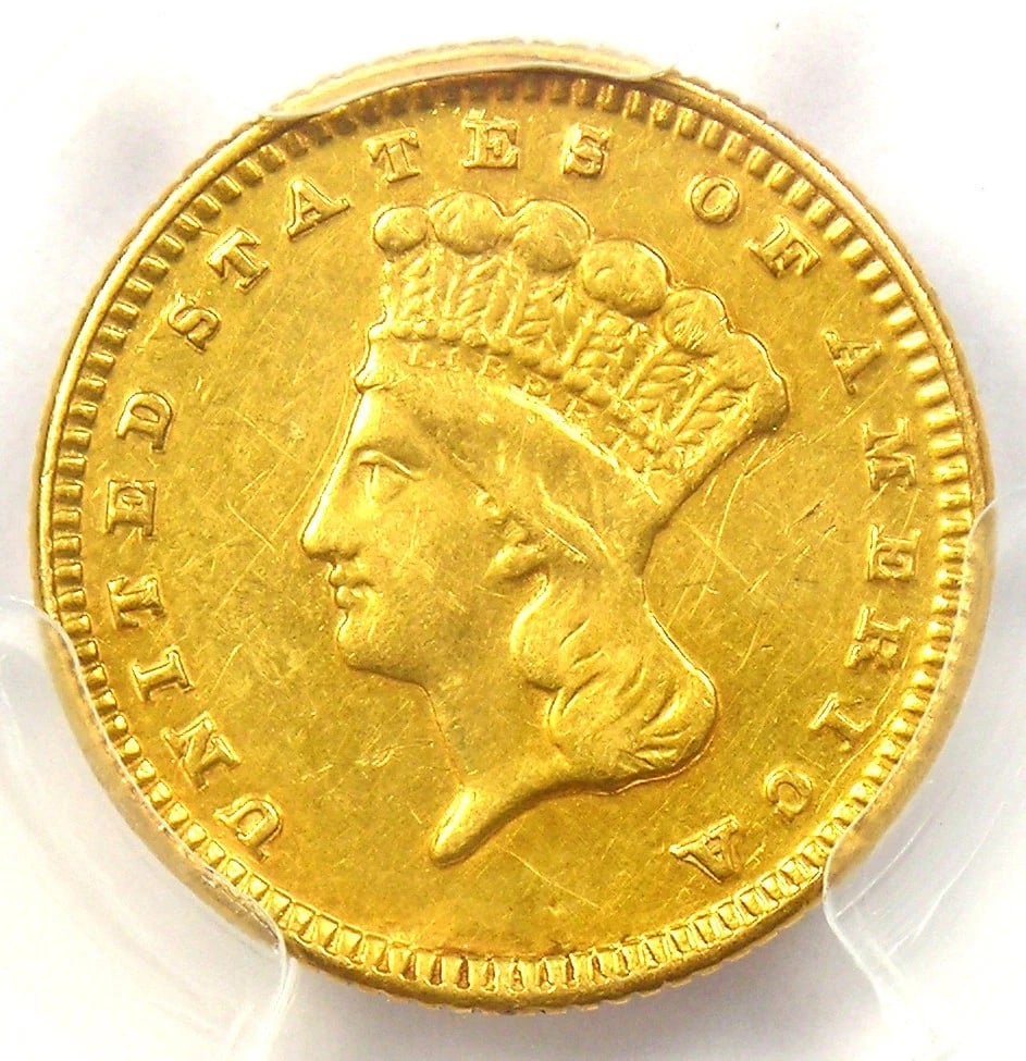 1869 INDIAN GOLD DOLLAR G$1 COIN: 1869 Indian Gold Dollar G$1 Coin Composition: Gold Year: 1869 Denomination: $1 Fineness: 0.9 Country of Origin: United States Accessories: None Accessories Notice: When purchasing pre-owne