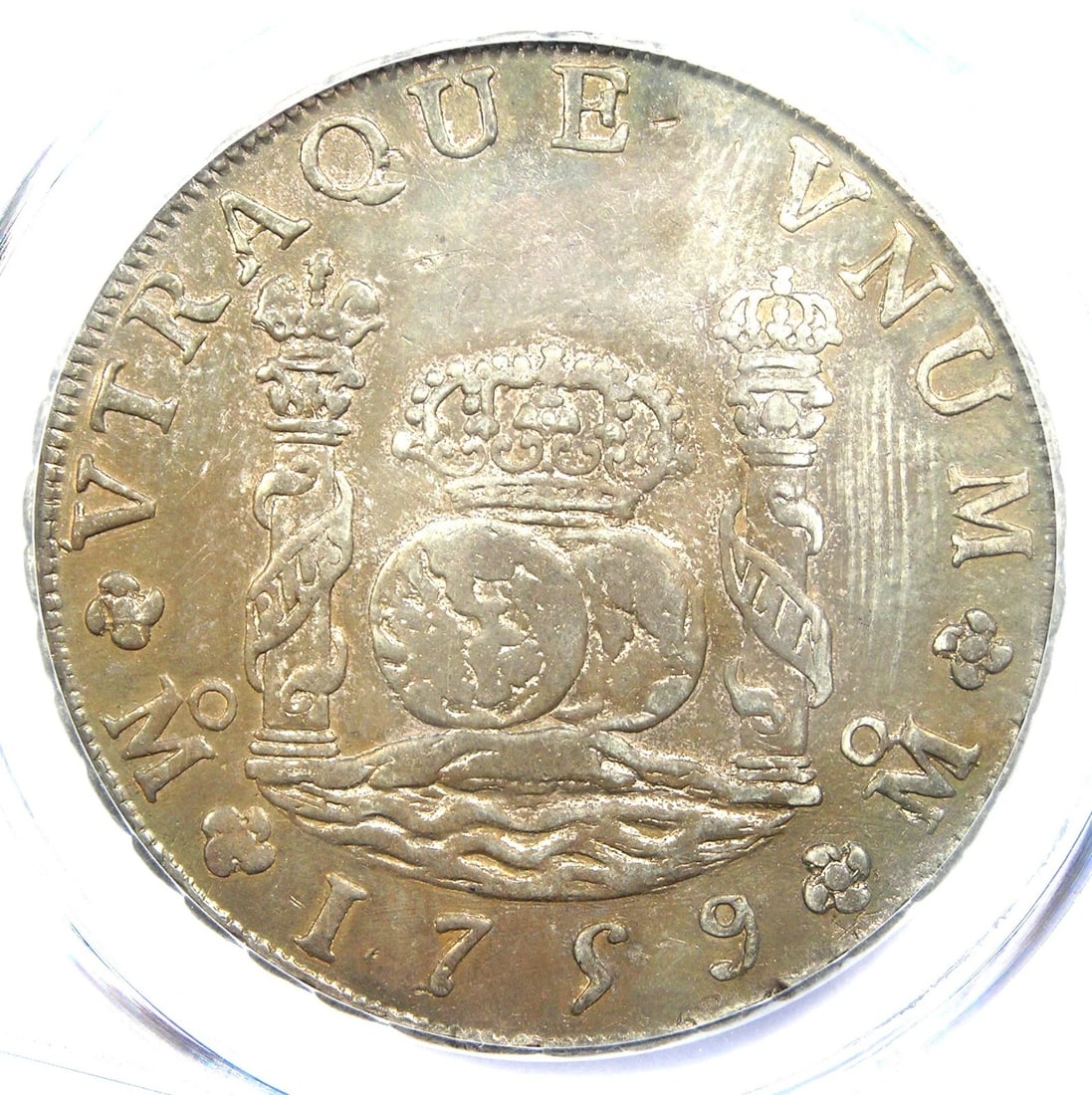 1759 MEXICO PILLAR DOLLAR 8 REALES SILVER COIN: 1759 Mexico Pillar Dollar 8 Reales Silver Coin Composition: Silver Year: 1759 Denomination: 8 Reales Fineness: None Country of Origin: Mexico Accessories: None Accessories Notice: When pur