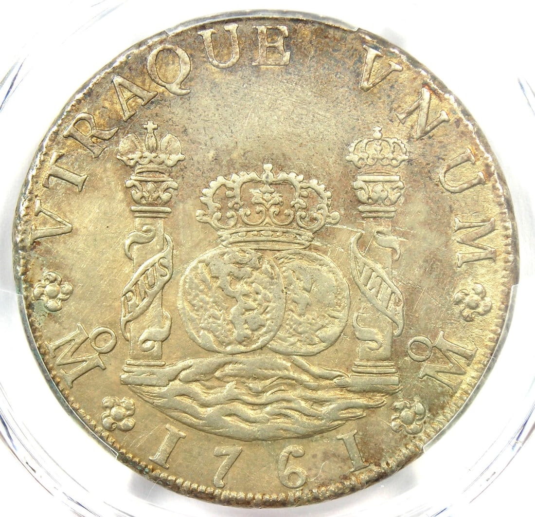 1761 MEXICO PILLAR DOLLAR 8 REALES SILVER COIN (8R): 1761 Mexico Pillar Dollar 8 Reales Silver Coin (8R) Composition: Silver Year: 1761 Denomination: 8 Reales Fineness: 0.9 Country of Origin: Mexico Accessories: None Accessories Notice: When