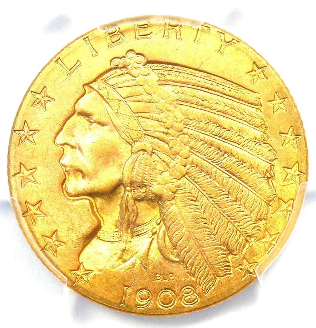 1908 INDIAN GOLD HALF EAGLE $5 COIN: 1908 Indian Gold Half Eagle $5 Coin Composition: Gold Year: 1908 Denomination: $5 Fineness: None Country of Origin: United States Accessories: None Accessories Notice: When purchasing pre-