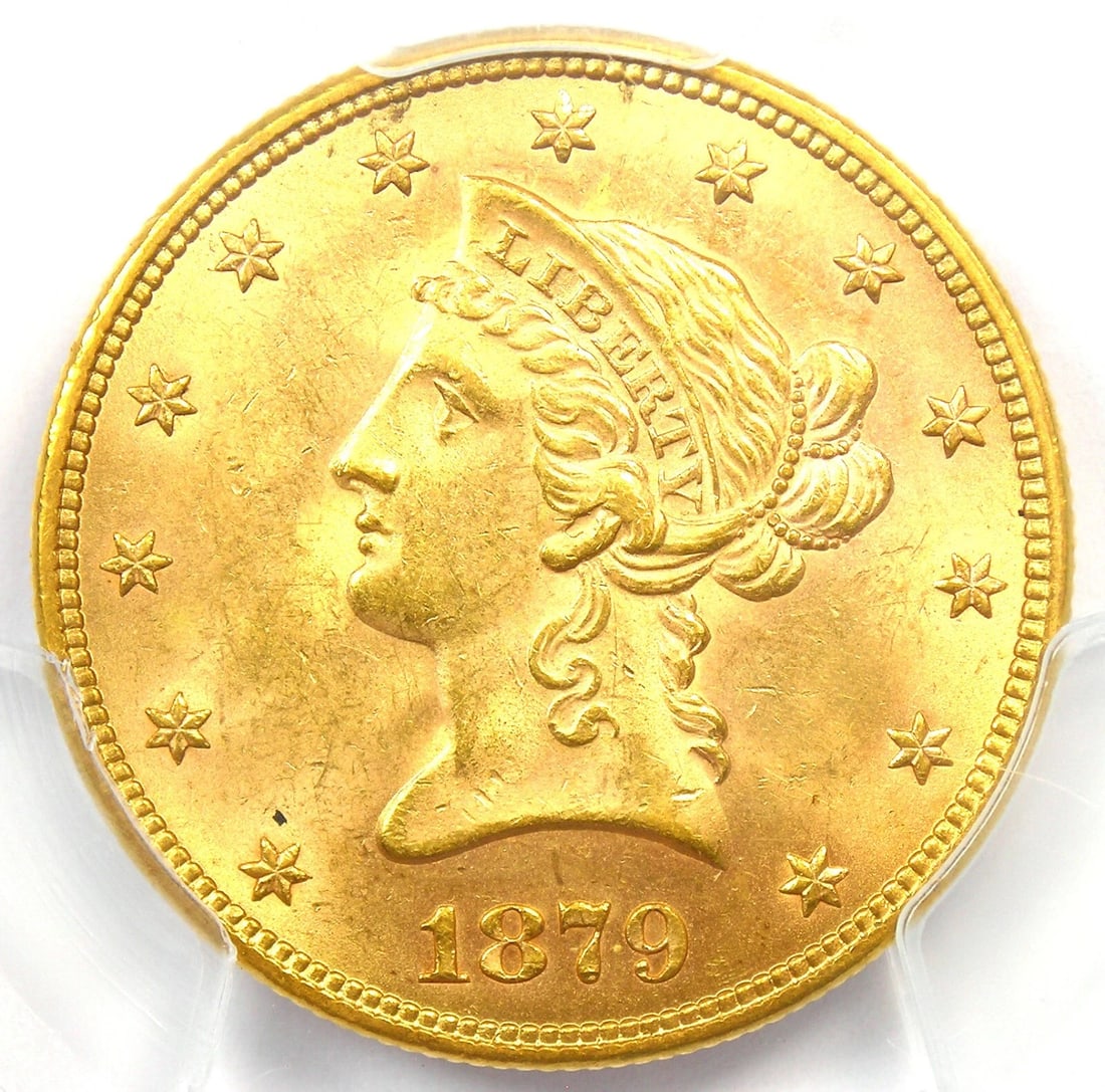 1879 LIBERTY GOLD EAGLE $10 COIN: 1879 Liberty Gold Eagle $10 Coin Composition: Gold Year: 1879 Denomination: $10 Fineness: None Country of Origin: United States Accessories: None Accessories Notice: When purchasing pre-ow