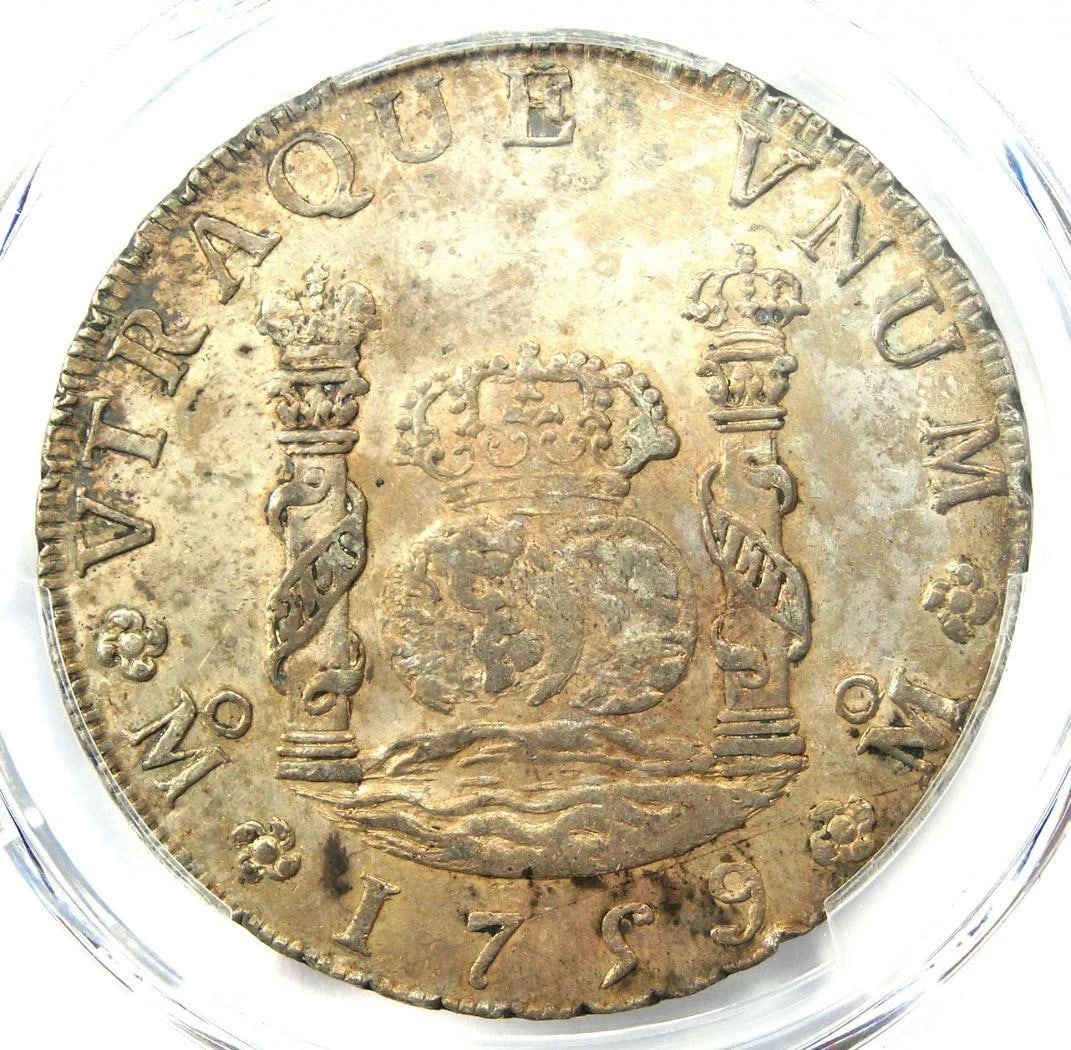 1759-MO MEXICO PILLAR DOLLAR 8 REALES COIN (8R): 1759-MO Mexico Pillar Dollar 8 Reales Coin (8R) Composition: Silver Year: 1759 Denomination: 8 Reales Fineness: None Country of Origin: Mexico Accessories: None Accessories Notice: When pu