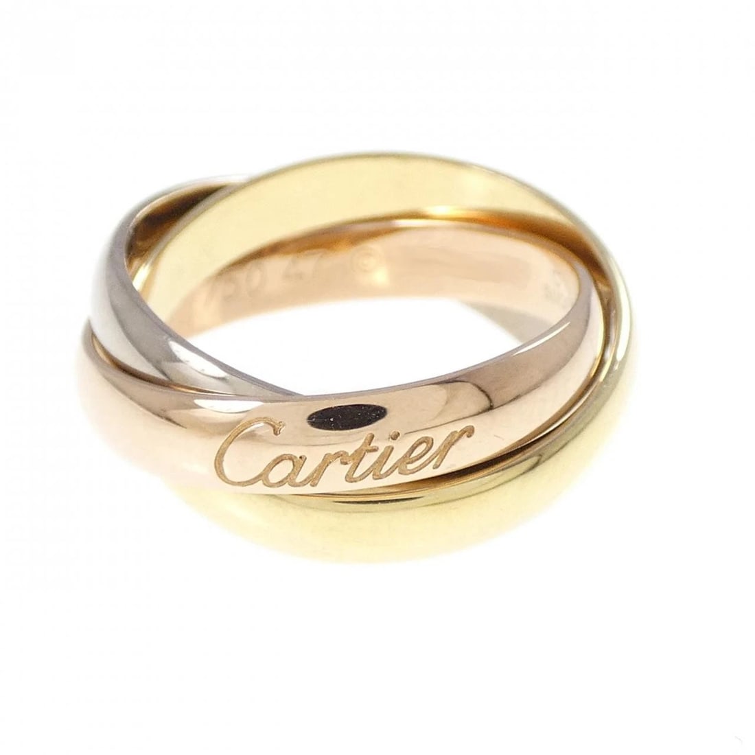 CARTIER TRINITY RING: Cartier Trinity Ring Brand: Cartier Type: Ring Material: 750 Yellow Gold 750 White Gold 750 Pink Gold Color: Yellow Gold White Gold Pink Gold Size: 4-4.5 (US size) Accessories: None Access