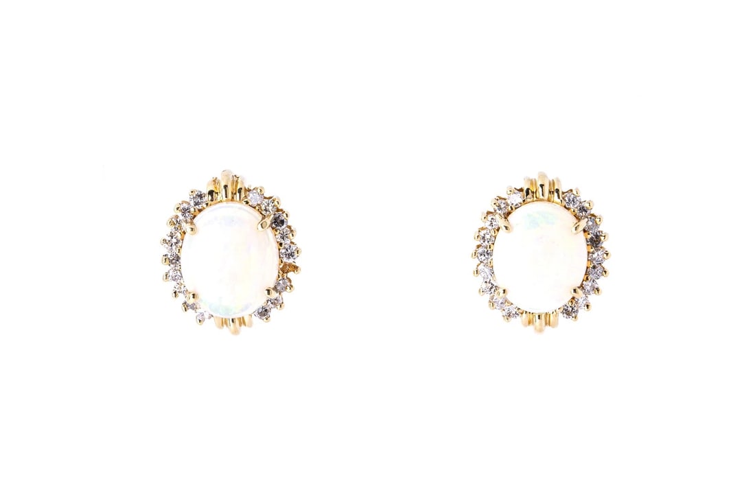 CABOCHON OPAL & DIAMOND HALO ACCENT STUDS PAIR OF EARRINGS: Cabochon Opal & Diamond Halo Accent Studs Pair of Earrings Brand: Unbranded Type: Earrings Material: Yellow Main Stone Natural Color: Yellow Gold 14k Size: Length x Width - 0.6" x 0.5" Accessorie
