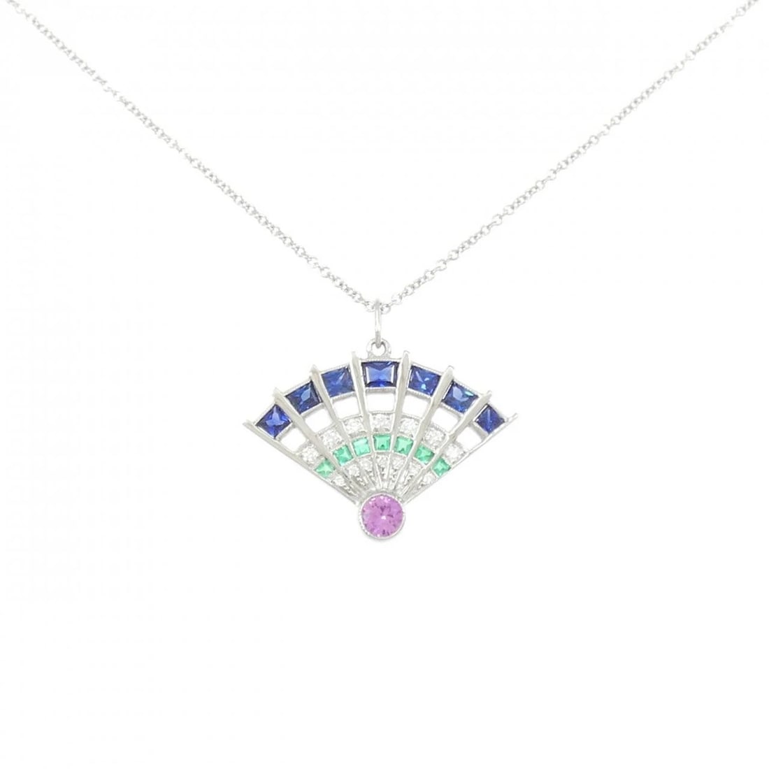 TIFFANY COLOR STONE NECKLACE: Tiffany Color Stone Necklace Brand: Tiffany Type: Necklace Material: Platinum 950 Main Stone Sapphire Color: Platinum Size: 40cm ActualSize Pendant top H x W: 21.3mmx23.7mm Chain Max. W: 1.1mm Ac