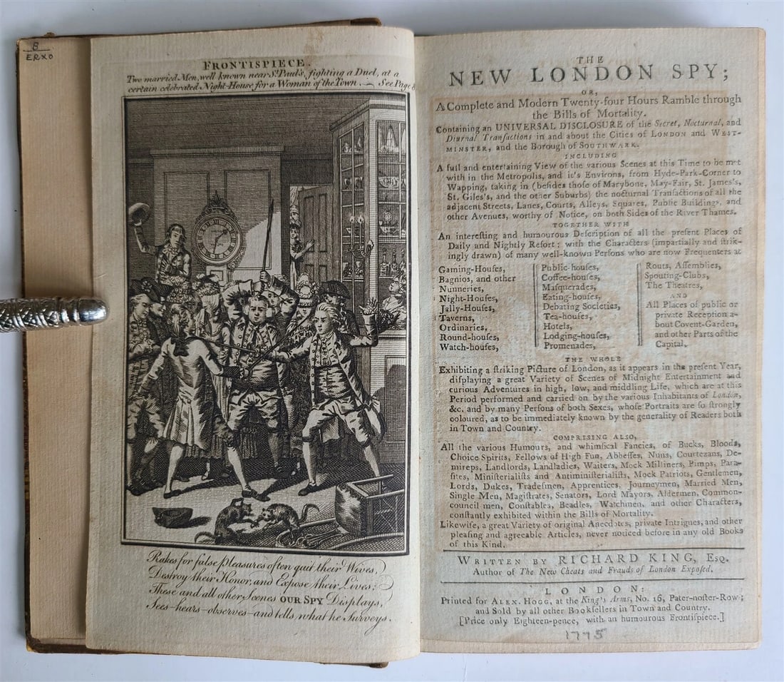 RICHARD KING'S ANTIQUE 1770S NEW LONDON SPY 24-HOUR RAMBLE: Year/Century: 18th century Language: English Subject: Literature & Fiction Binding: Leather Description: Richard King. The new London spy, or a thorough and contemporary twenty-four-hour journey throu
