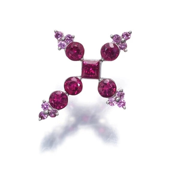 RUBY PINK SAPPHIRE CROSS PENDANT 18K 750 WHITE GOLD: Ruby Pink Sapphire Cross Pendant 18K 750 White Gold Brand: Unbranded Type: Pendant Material: 18K / 750 / White Gold Main Stone/Creation Natural Color: White Gold Size: Design size: 21.1 x 17.6mm