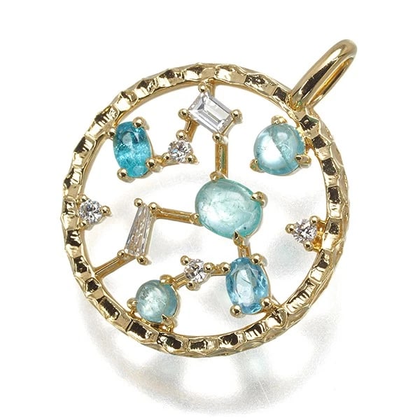 PARAIBA TOURMALINE DIAMOND OPENWORK PENDANT: Paraiba Tourmaline Diamond Openwork Pendant Brand: Unbranded Type: Pendant Material: 18K / 750 / Yellow Gold Main Stone/Creation Natural Color: Yellow Gold Size: Design Size: Diameter