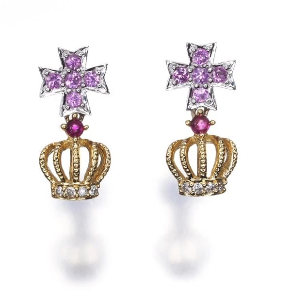 KASAHARA MASUMI EARRINGS DIAMOND PINK SAPPHIRE RUBY CROSS CROWN (1 of 2)