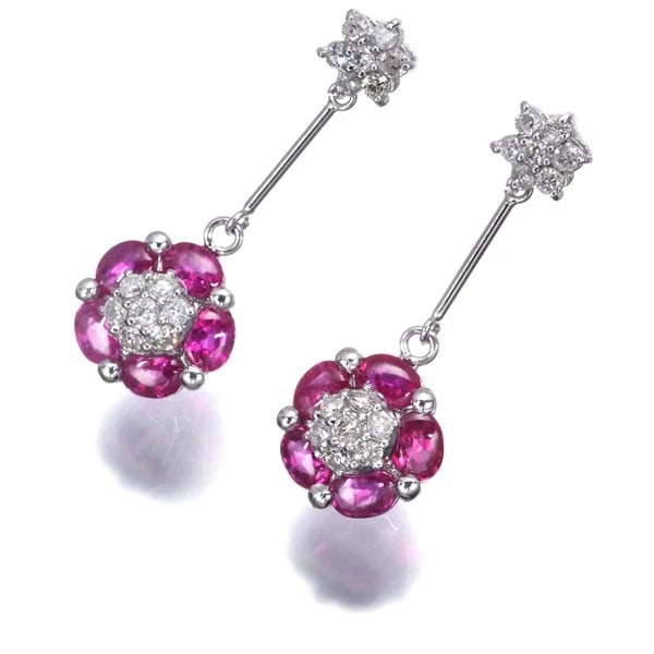 RUBY DIAMOND FLOWER DROP EARRINGS 900 PLATINUM - 2