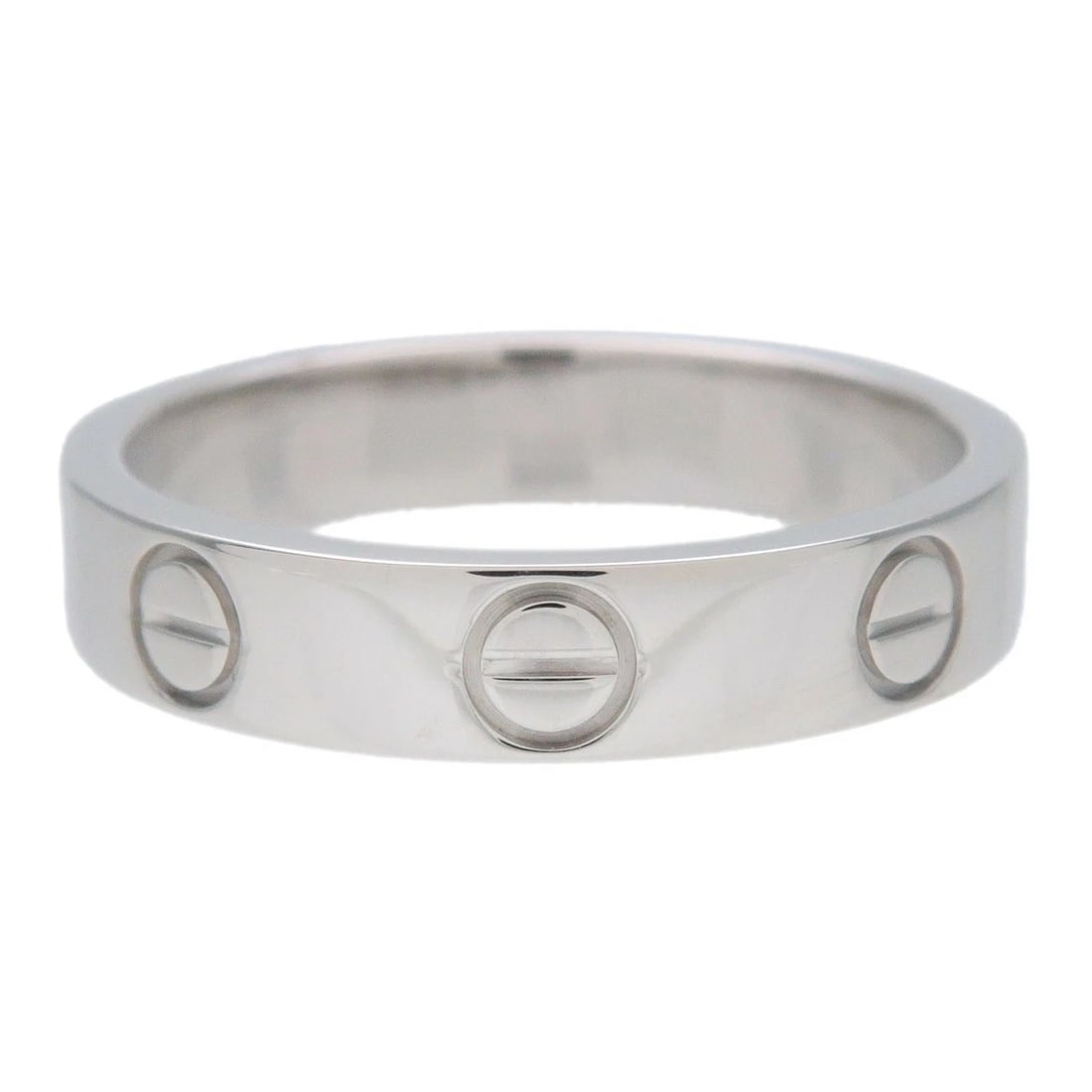 CARTIER MINI LOVE RING 18K WHITE GOLD: Cartier Mini Love Ring 18K White Gold Brand: Cartier Type: Ring Material: 18K White Gold Color: White Gold Size: 4.5 US Accessories: None Accessories Notice: When purchasing pre-owned goods,