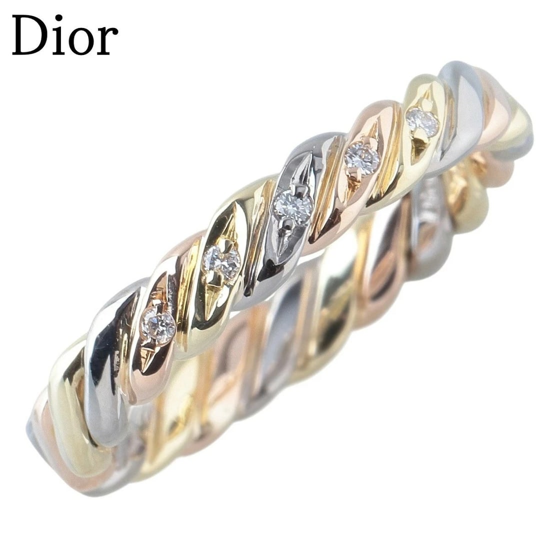 CHRISTIAN DIOR THREE COLOR TWIST DIAMOND RING 18K GOLD: Christian Dior Three Color Twist Diamond Ring 18K Gold Brand: Dior Type: Ring Material: 18K Pink Gold / White Gold / Yellow Gold (AU750) Main Stone/Creation Natural Color: 18K Pink Gold / White Gol