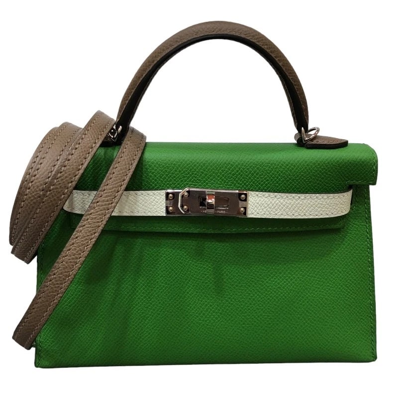 HERMES MINI KELLY 2 TRICOLOR SHOULDER BAG: HERMES Mini Kelly 2 Tricolor Shoulder Bag Brand: HERMES Type: Shoulder Bag Material: Epsom Color: Veil Yucca x Veil Fizz x Etoupe SVHardware Size: W7.5 x H4.7x D2.0inch Shoulder:37.4inch Accessor