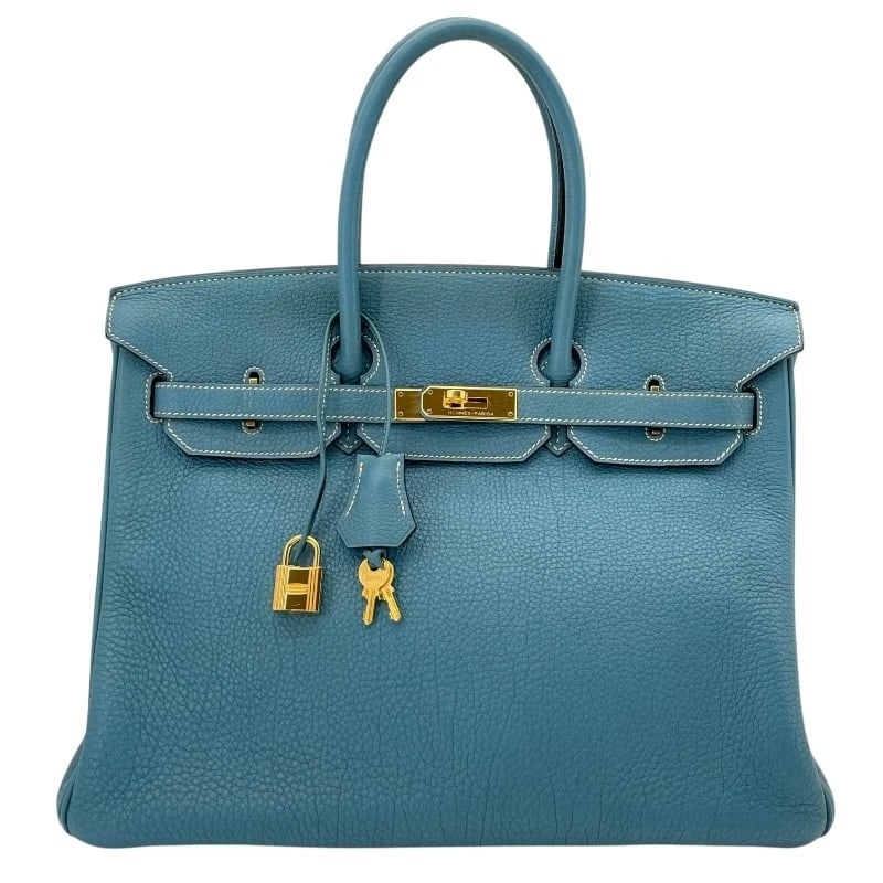 HERMES BIRKIN 35 HANDBAG: HERMES Birkin 35 Handbag Brand: HERMES Type: Handbag Material: Togo Color: Blue Jean Gold Hardware Size: W13.8 x H9.4x D7.1inch Accessories: None Accessories Notice: When purchasing pre-owned