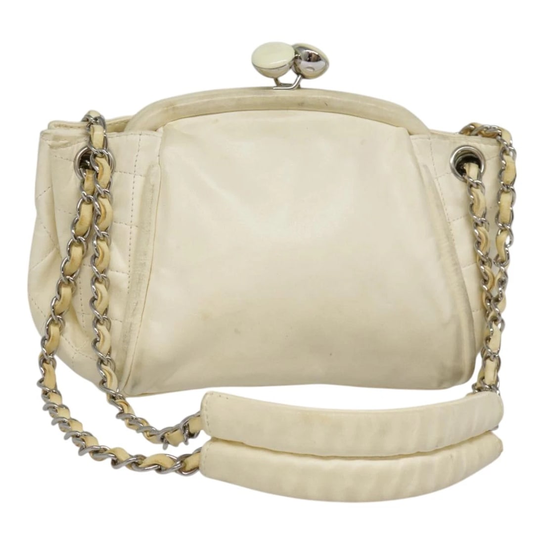 CHANEL MATELASSE CHAIN SHOULDER BAG: CHANEL Matelasse Chain Shoulder Bag Brand: CHANEL Type: Shoulder Bag Material: Leather Color: Beige / Silver Size: W7.1 x H6.3 x D3.1inch(Approx) Shoulder Drop:11.8inch(Approx) Accessories: None